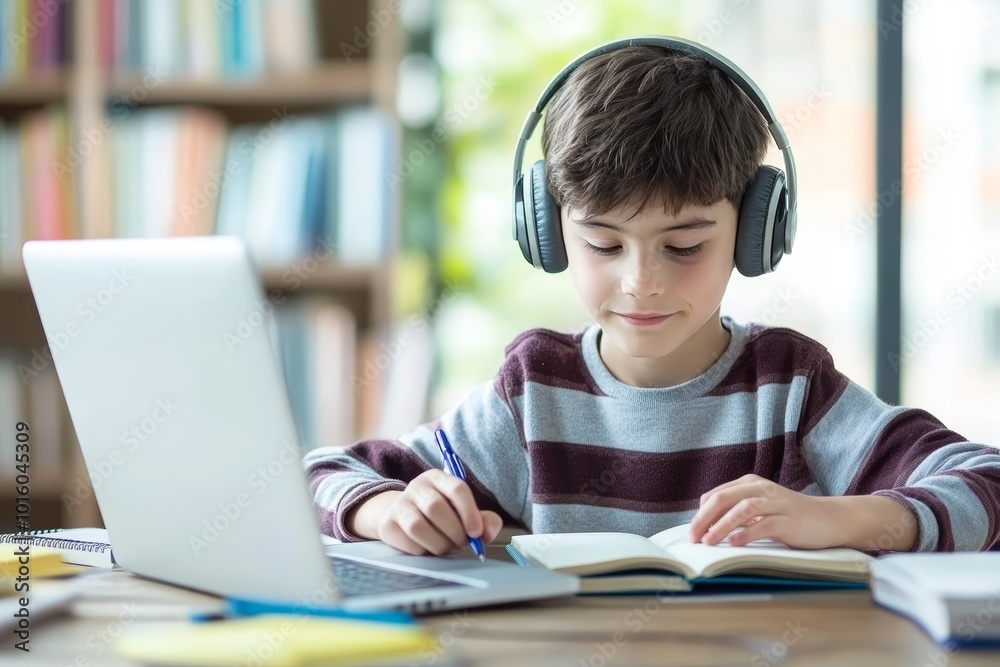 Focused elementary boy in headphones with laptop learning online at home, remote education concept Focused elementary boy in headphones with laptop learning online at home, remote education concept