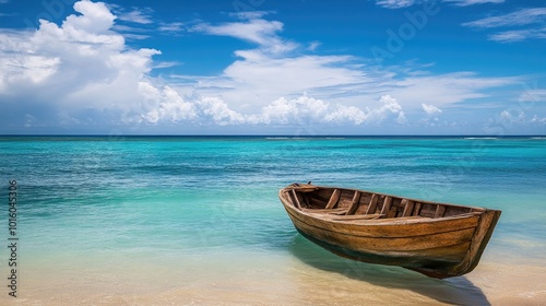 Tranquil wooden boat resting on a serene turquoise beach