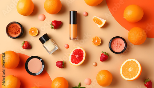 Flat lay composition with cosmetic products on color background