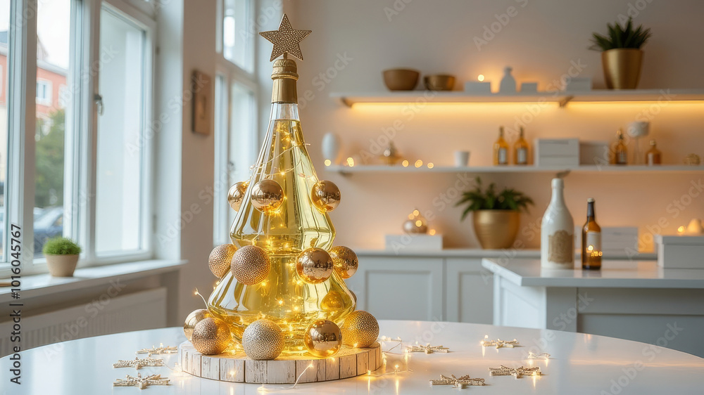 Fototapeta premium A big custom-made bottle of expensive alcohol is decorated as a Christmas tree with Christmas lights wrapped around it.