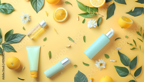 Flat lay composition with cosmetic products on color background