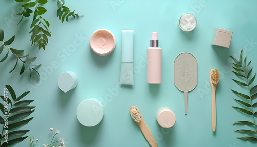 Flat lay composition with cosmetic products on color background