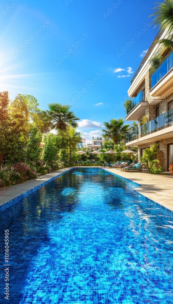 Fototapeta premium Modern Villa with Private Pool and Lush Tropical Garden, 3D Architectural Rendering of Luxury Resort