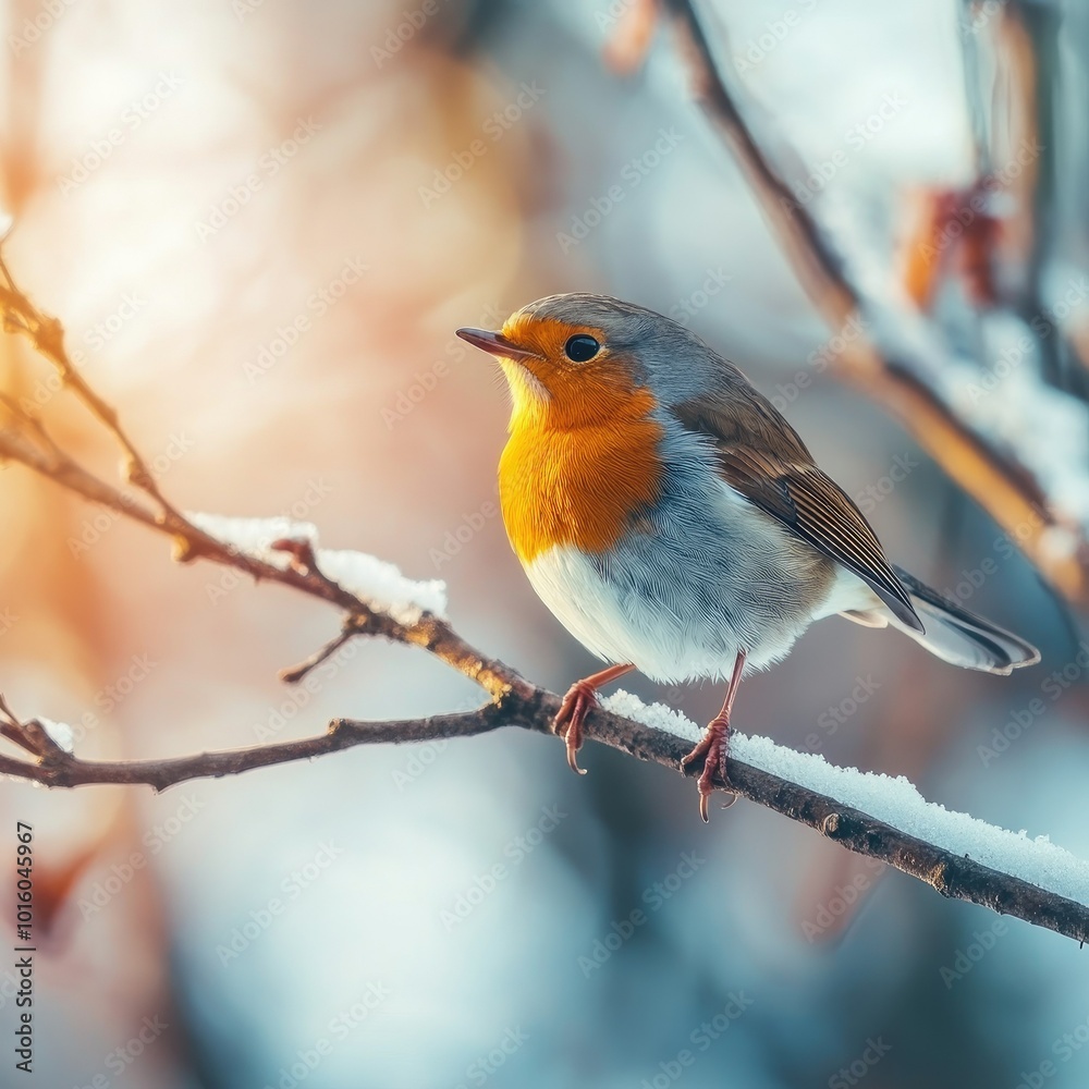 Fototapeta premium From below closeup wild robin sitting on tree branch in winter on blurred background