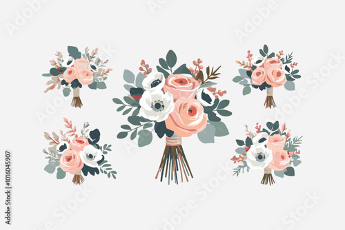 set of five delicate floral bouquets featuring pink roses vector illustration 
