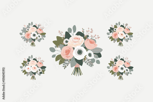 set of five delicate floral bouquets featuring pink roses vector illustration 
