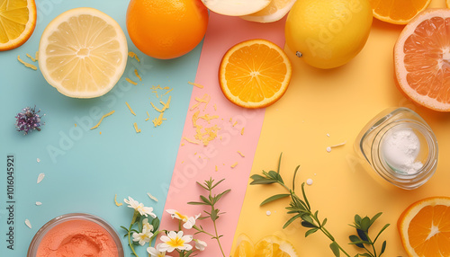 Flat lay composition with cosmetic products on color background