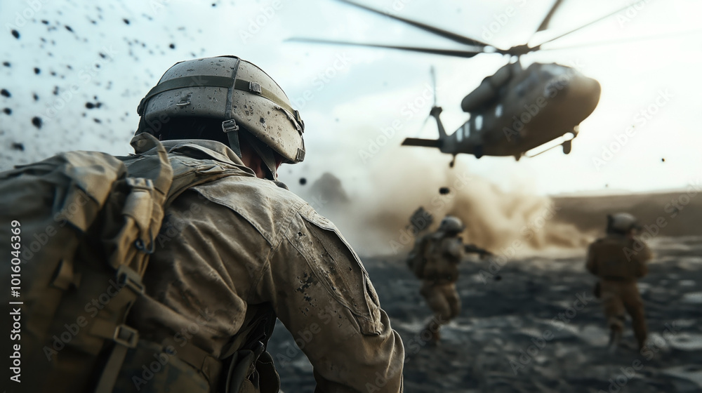 Soldiers in full gear running on a battlefield with a helicopter hovering in the background, kicking up dust and debris. Soldiers in full gear running on a battlefield with a helicopter hovering in the background, kicking up dust and debris.