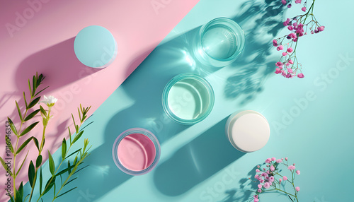 Flat lay composition with cosmetic products on color background