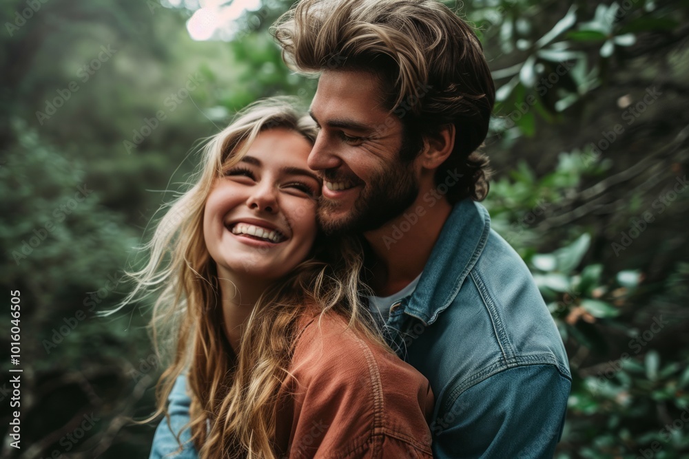 Portrait of happy young couple embracing each other and looking at camera in forest Portrait of happy young couple embracing each other and looking at camera in forest