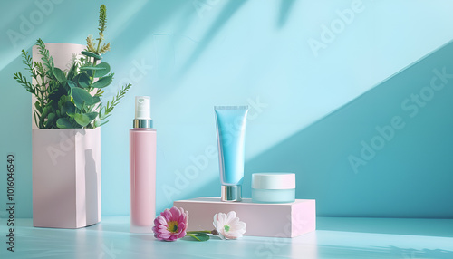 Flat lay composition with cosmetic products on color background