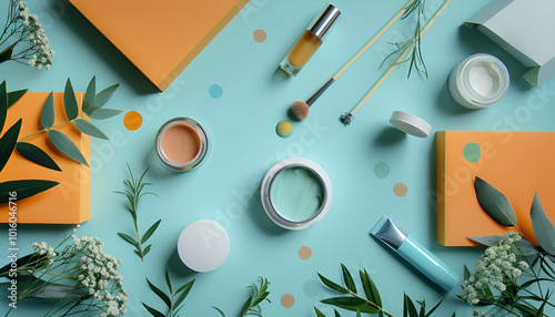 Flat lay composition with cosmetic products on color background