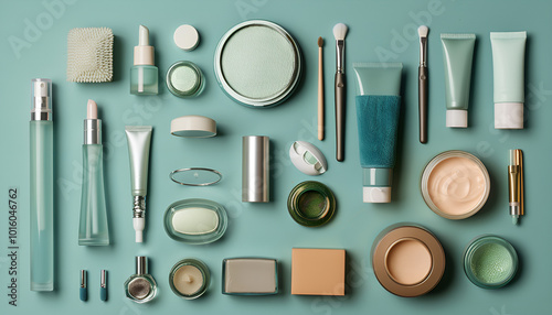 Flat lay composition with cosmetic products on color background
