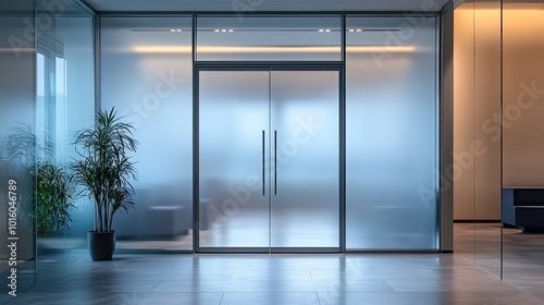 Double glass doors in a modern office. Perfect for websites, presentations or advertising about office space.