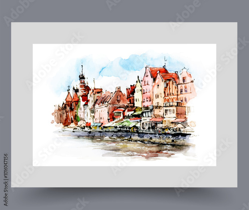 City pier with multi-storey old buildings on river bank in Polish Gdansk on wall art. Watercolor print. Artwork with city panorama with beautiful architecture, in frame with decor for poster