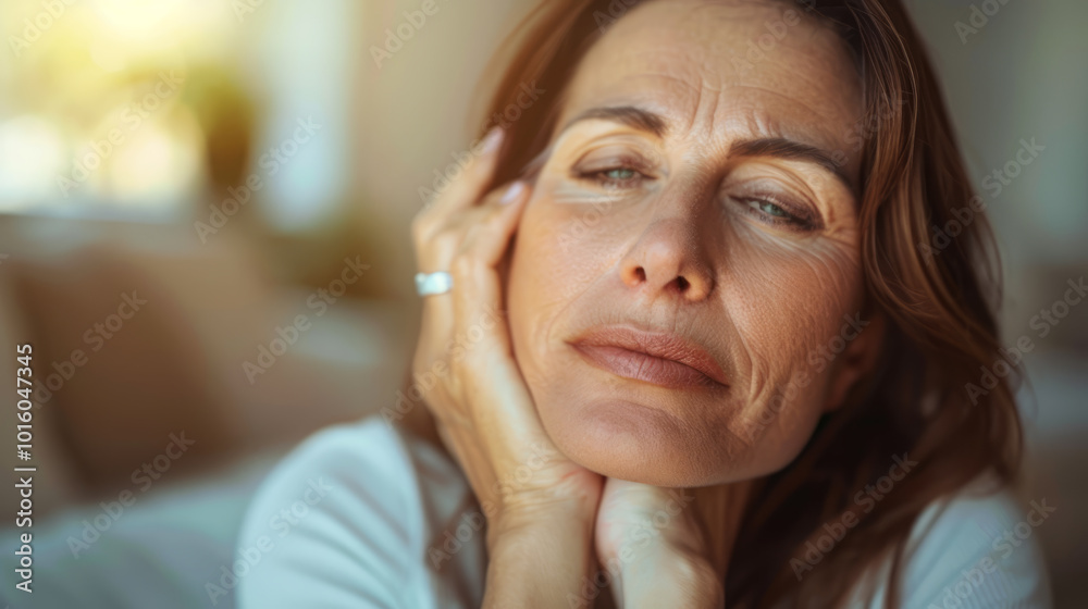 Middle-aged woman experiencing stress, holding her head. Middle-aged woman experiencing stress, holding her head.