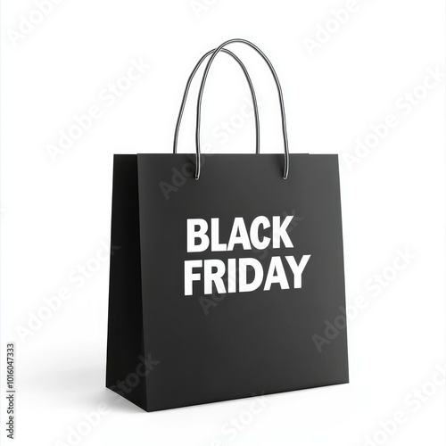 Front view Black paper bag with the text "BLACK FRIDAY" written in white isolated on white background,