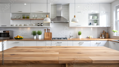 Empty wood table top blurred modern white kitchen counter for flexible designs background