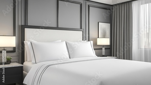Luxury Hotel Bedroom Interior with King Size Bed, Crisp White Linens, and Classic Wall Molding