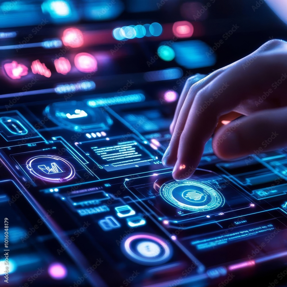 Obraz premium Blockchain smart contracts, virtual holographic interface, ultra-modern tech setting