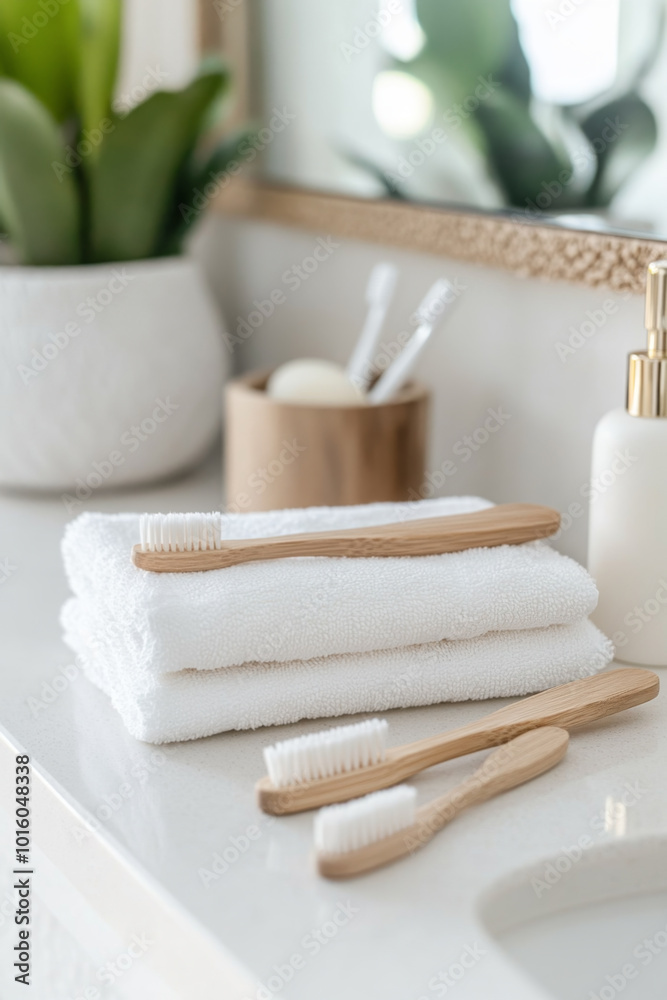 Eco-Friendly Bamboo Toothbrushes on Towels in Minimalist Bathroom Eco-Friendly Bamboo Toothbrushes on Towels in Minimalist Bathroom