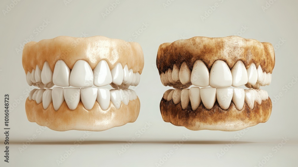An isolated set of realistic teeth, showcasing a clean version next to a dirty version, focusing on dental hygiene and the effects of bacteria. An isolated set of realistic teeth, showcasing a clean version next to a dirty version, focusing on dental hygiene and the effects of bacteria.