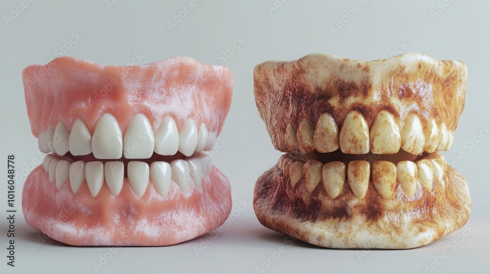 An isolated set of realistic teeth, showcasing a clean version next to a dirty version, focusing on dental hygiene and the effects of bacteria. An isolated set of realistic teeth, showcasing a clean version next to a dirty version, focusing on dental hygiene and the effects of bacteria.