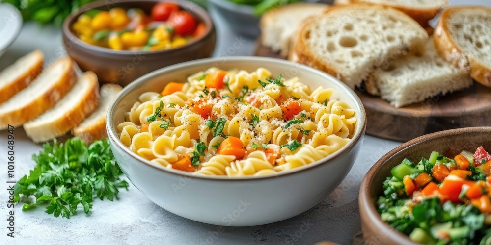 Front view pasta cooked along with soup minced vegetables salad and bread slices on the light surface with background Front view pasta cooked along with soup minced vegetables salad and bread slices on the light surface with background