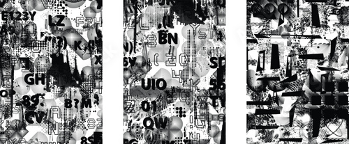 Set of glitch distorted grunge overlay textures. Collection of overlaying textures with halftone dots, scratches and lines .Screen print vector layers pack. Overlays with grunge textured surface