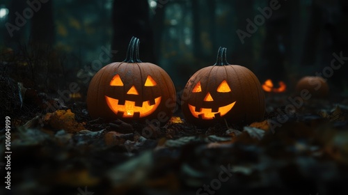 Halloween Pumpkins in Dark Forest Setting