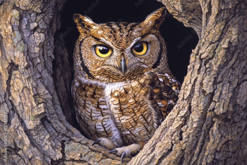 Captivating close-up of owl nestled in tree hollow Captivating close-up of owl nestled in tree hollow