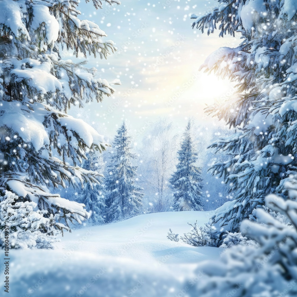 Frosty winter landscape in snowy forest. Christmas background with fir trees and blurred background Frosty winter landscape in snowy forest. Christmas background with fir trees and blurred background