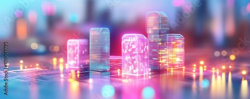 Blockchain-based smart cities, glowing holographic buildings, futuristic urban integration #1016049795