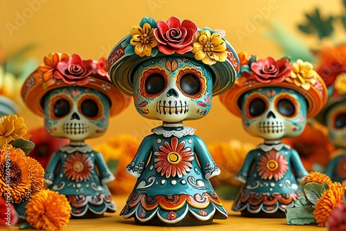 Vibrant sugar skull figurines celebrating Day of the Dead, ideal for festive decorations, invitations, or event posters focusing on Dia De Los Muertos.