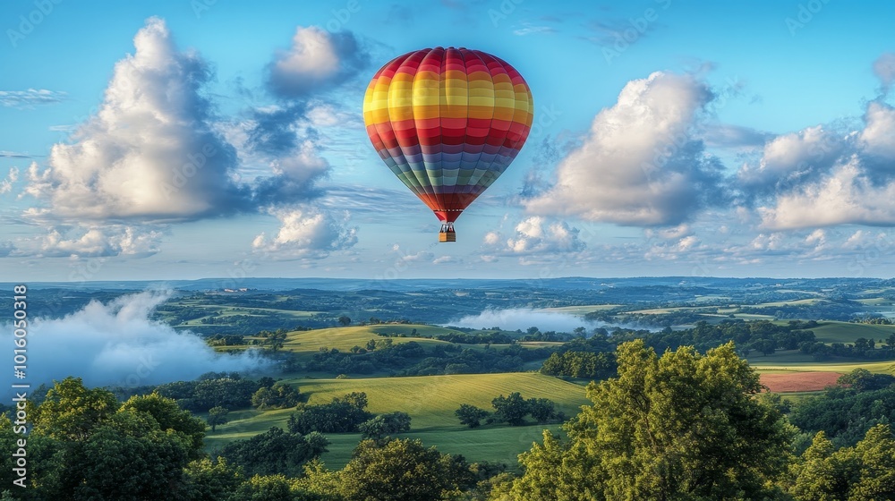 Fototapeta premium Colorful Hot Air Balloon Soaring over a Scenic Green Landscape. Summer Time Inspiration Travel Theme
