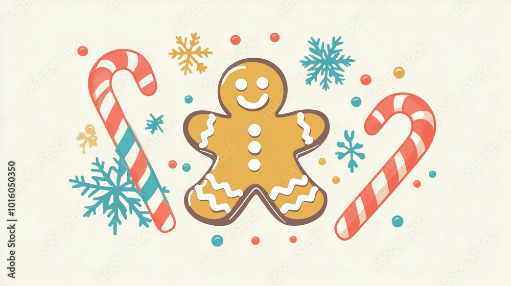 Cheerful holiday bakery logo featuring a gingerbread man, candy canes, and festive snowflakes in a delightful winter theme Cheerful holiday bakery logo featuring a gingerbread man, candy canes, and festive snowflakes in a delightful winter theme