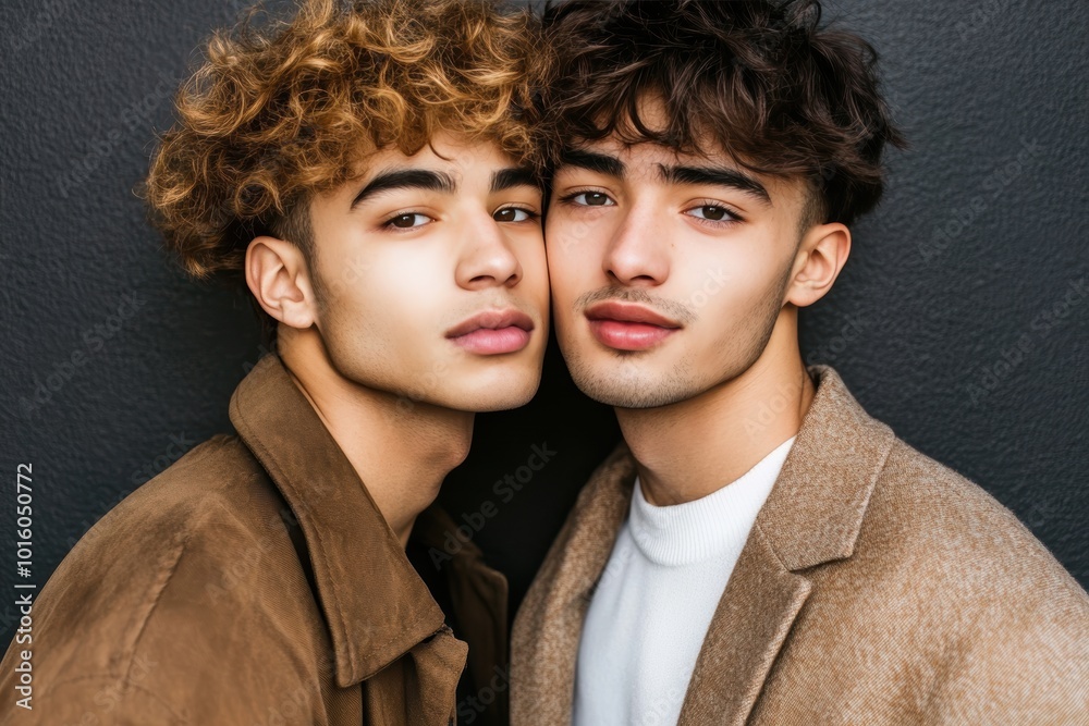 Closeup portrait of two young adult friends showcasing contemporary fashion Closeup portrait of two young adult friends showcasing contemporary fashion