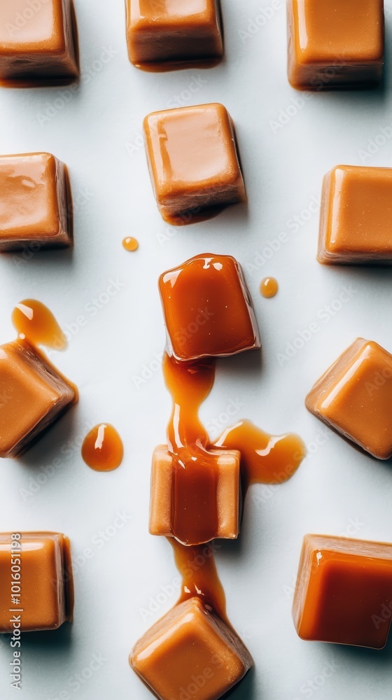 Delicious caramel candies with sweet syrup drizzle on white background Delicious caramel candies with sweet syrup drizzle on white background