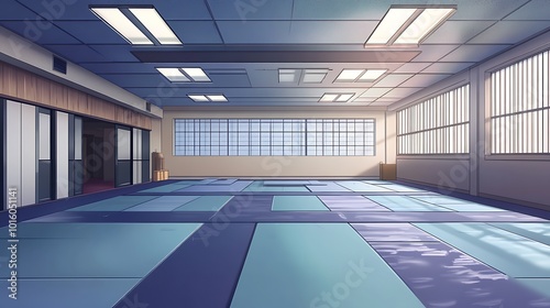 Empty Dojo with Blue Matting, Sunlight Streaming In.