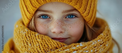 Close-up portrait of a young girl with blue eyes and freckles wearing a yellow knitted hat and scarf. photo