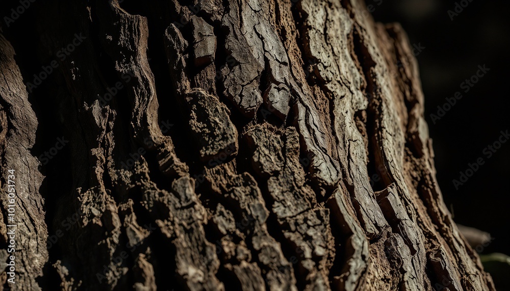 Close-up of tree bark, textured, showcasing deep grooves and natural patterns in warm lighting
, splintered tree bark