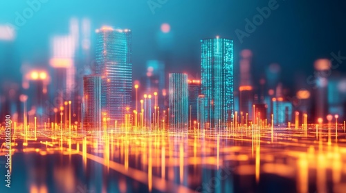 Blockchain-powered smart cities, floating digital holograms, futuristic urban integration