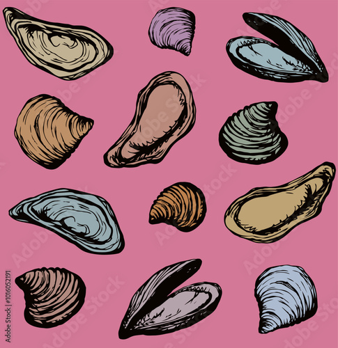 Big fresh perl Ostreidae mollusc on pink backdrop. Outline black ink hand drawn french diet delicacy dining icon sign design sketchy in retro art cartoon doodle engraved style pen on crimson paper