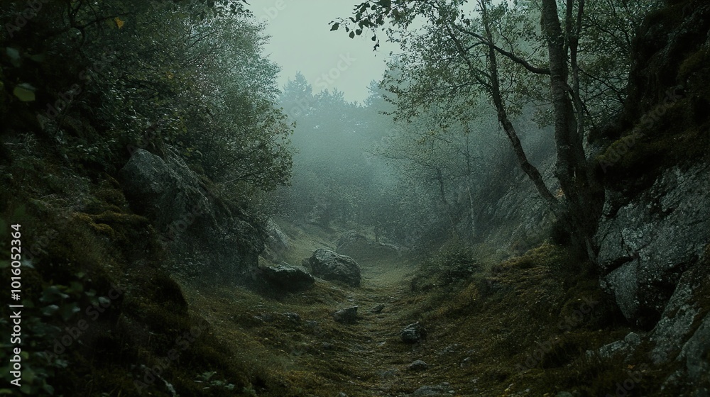 Enchanted Forest Path: A Misty and Serene Landscape