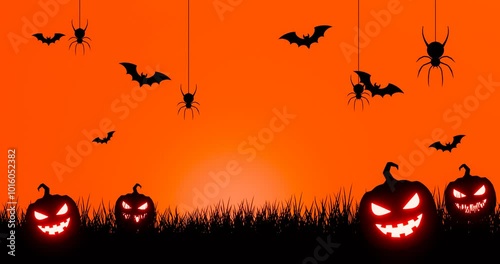 Halloween background for party invitation. orange halloween banner or background with cutest pumpkins spider and bats. Silhouette image on the theme of Halloween, grass and spiders. 3D Rendering photo