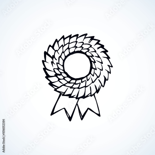 Contest leader medalist modern striped necklace round shape iso meed on white backdrop. Bright yellow color hand drawn logo sketchy in retro art scribble comic graphic style with space for text