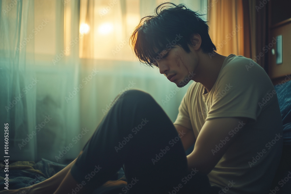 A young man sits alone, lost in thought, as the soft morning light filters through the window. A poignant image capturing a moment of quiet reflection and introspection. A young man sits alone, lost in thought, as the soft morning light filters through the window. A poignant image capturing a moment of quiet reflection and introspection.