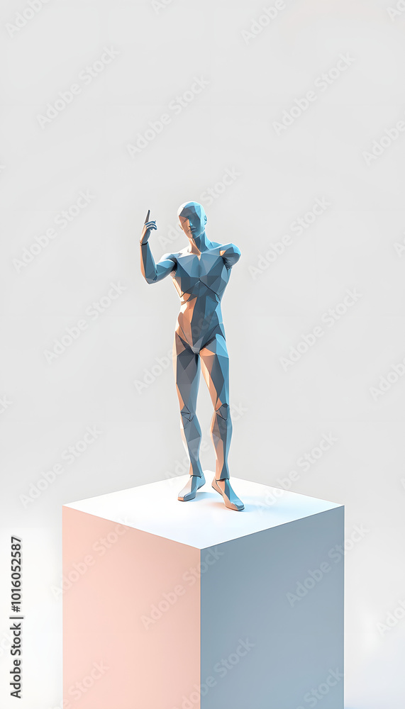 Man made of polygons posing on a cube isolated with white highlights, png Man made of polygons posing on a cube isolated with white highlights, png