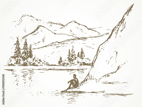 Cliff calm remote Alps scene on high riverbank. Line black ink hand drawn sad lone young girl on space for text on white sky. Wild Alpine waterfront pond peace view picture in art vintage doodle style photo