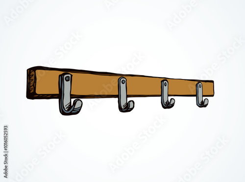 Old timber bath peg plank panel decor on white hall backdrop. Outline black ink hand drawn decoration object logo emblem in retro art doodle cartoon style on space for text. Closeup holder pictogram
